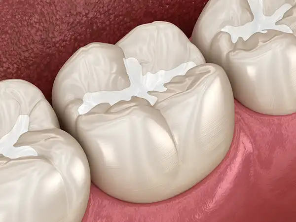 Some dental fillings on the back teeth of a mouth